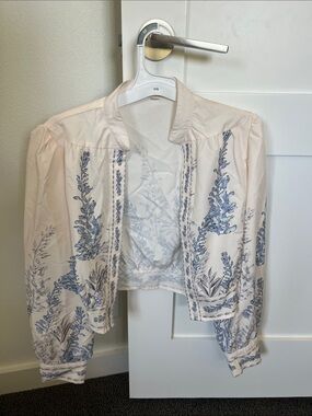 SHEIN Cream Jacket with Blue Floral Embroidery